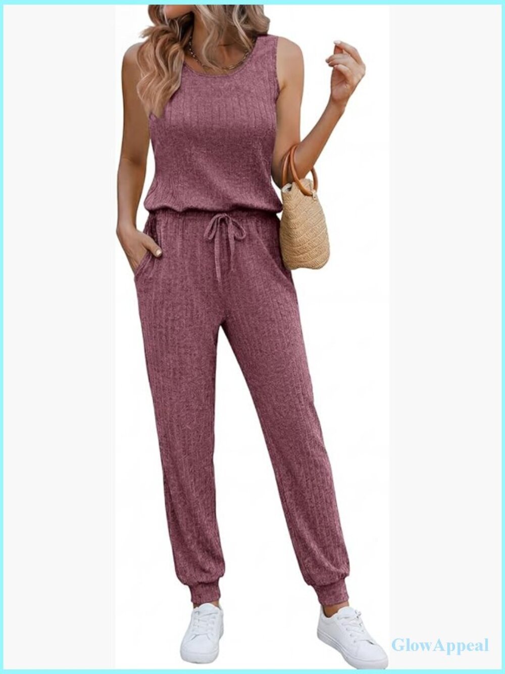 Casual Sleeveless Ribbed Jumpsuit with Pockets Crewneck Stretchy Lightweight